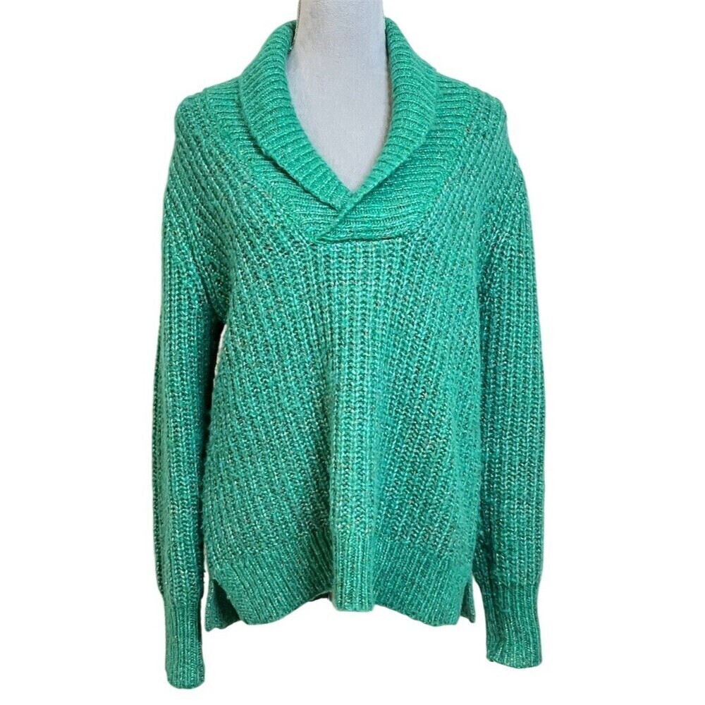 St. Johnโs Bay Wool Blend Knit Sweater Womenโs M Green Chunky Winter Cozy Comfy